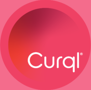A darker red circle inside a lighter red circle with Curql spelled in white in the bottom right